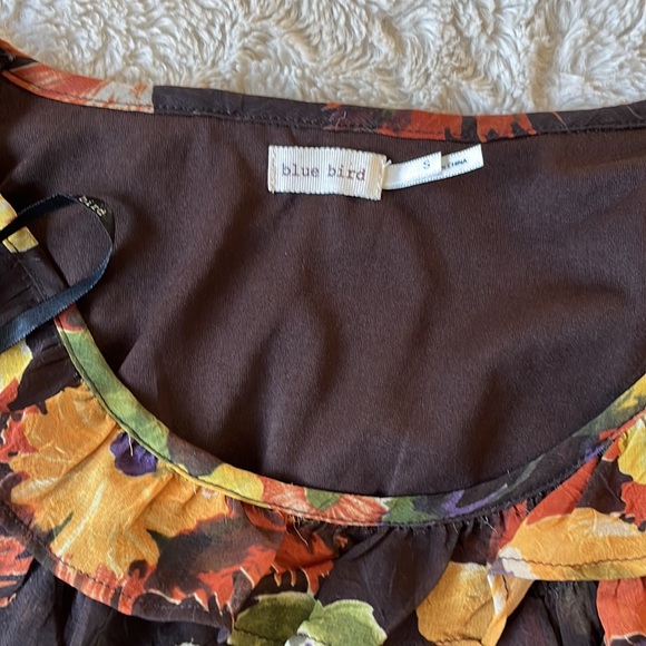 Blue Bird Floral Brown/Yellow Hem & Neckline Ruffle Waist Smocks Hig low Dress S - Picture 5 of 7